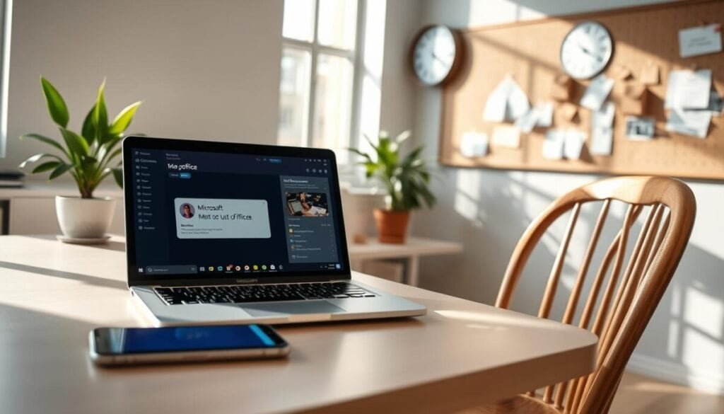 A modern office workspace featuring a sleek, minimalist desk with a vintage wooden chair, showcasing a laptop with the Microsoft Teams interface open. In the foreground, a smartphone displays a notification for an Out of Office message. Bright, natural light streams through a large window, illuminating the space and casting soft shadows. In the middle ground, a potted plant adds a touch of greenery, while an elegant wall clock keeps time. The background features a bulletin board with pinned notes and reminders, creating a professional atmosphere. The mood is calm and organized, perfect for a productive business environment. Deep focus, wide angle, bright and inviting ambiance. A modern office workspace featuring a sleek, minimalist desk with a vintage wooden chair, showcasing a laptop with the Microsoft Teams interface open. In the foreground, a smartphone displays a notification for an Out of Office message. Bright, natural light streams through a large window, illuminating the space and casting soft shadows. In the middle ground, a potted plant adds a touch of greenery, while an elegant wall clock keeps time. The background features a bulletin board with pinned notes and reminders, creating a professional atmosphere. The mood is calm and organized, perfect for a productive business environment. Deep focus, wide angle, bright and inviting ambiance.