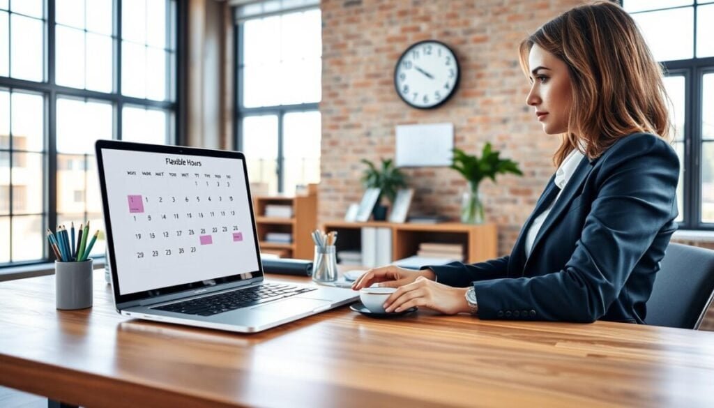 A modern office workspace featuring a sleek wooden desk with a laptop displaying a calendar application. In the foreground, a professional businesswoman in smart casual attire is intently reviewing her working hours on the screen. The middle area shows an organized desk with stationery, a coffee cup, and a wall clock indicating flexible working hours. The background includes large windows with natural light streaming in, illuminating the space and creating a warm, inviting atmosphere. The scene captures an air of productivity and balance, emphasizing the concept of customizing working hours and availability. The image should be bright and clear, shot from a slight angle to give depth while keeping the focus on the desk and calendar. A modern office workspace featuring a sleek wooden desk with a laptop displaying a calendar application. In the foreground, a professional businesswoman in smart casual attire is intently reviewing her working hours on the screen. The middle area shows an organized desk with stationery, a coffee cup, and a wall clock indicating flexible working hours. The background includes large windows with natural light streaming in, illuminating the space and creating a warm, inviting atmosphere. The scene captures an air of productivity and balance, emphasizing the concept of customizing working hours and availability. The image should be bright and clear, shot from a slight angle to give depth while keeping the focus on the desk and calendar.