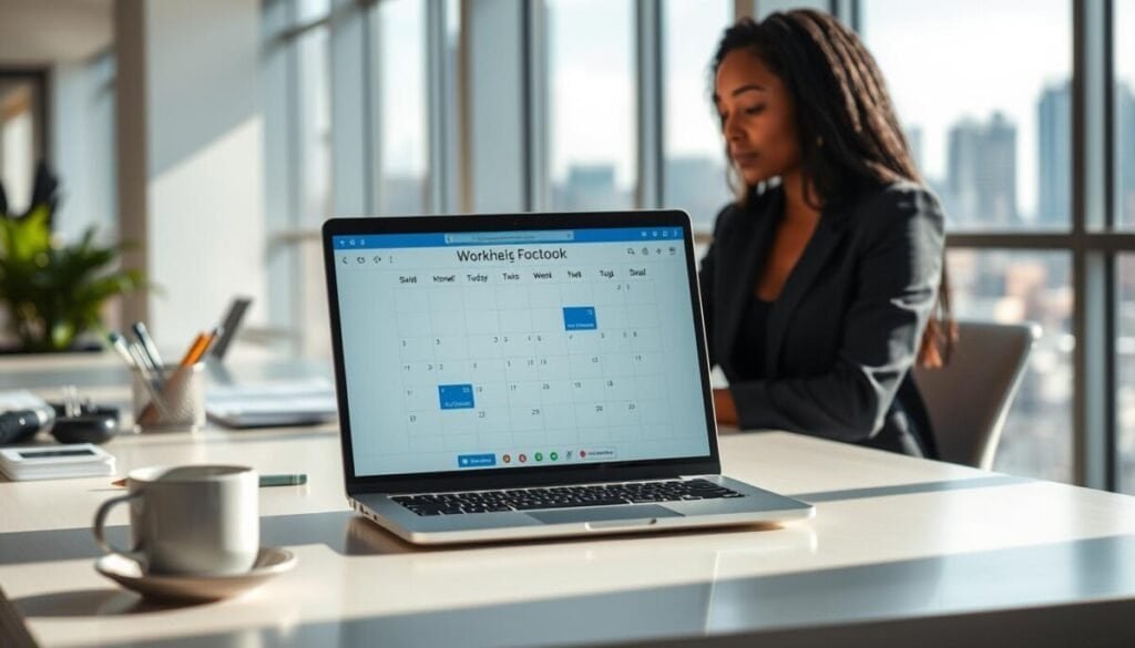 A modern office workspace illustrating the concept of "work hours location," featuring a sleek desk with a laptop open to a Microsoft Outlook calendar displaying customizable working hours. In the foreground, a well-dressed professional person of diverse ethnicity, focused on their work, sits at the desk. The middle ground showcases various office supplies and a coffee mug, conveying productivity. The background is a bright, airy office space with large windows allowing natural light to flood in, and a view of a city skyline. Soft shadows create an inviting atmosphere, emphasizing focus and professionalism. The scene should be captured from a slightly elevated angle, providing a comprehensive view of the workspace.