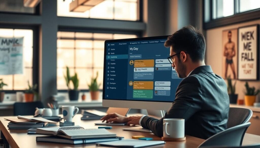 A modern office workspace scene featuring a computer screen displaying Microsoft's Planner interface with a "My Day" section prominently visible. In the foreground, a professional-looking individual in business attire is actively organizing tasks on their laptop, focused and engaged. A stylish desk cluttered with a planner, colorful sticky notes, and a coffee mug adds a touch of personality. In the middle ground, a large window lets in natural light, illuminating the room, with plants placed on the sill for a fresh, inviting atmosphere. The background features a soft blur of office supplies and a motivational poster on the wall. The overall mood is productive and inspiring, showcasing a streamlined daily workflow. Perfectly lit with a warm tone, creating a sense of calm efficiency.