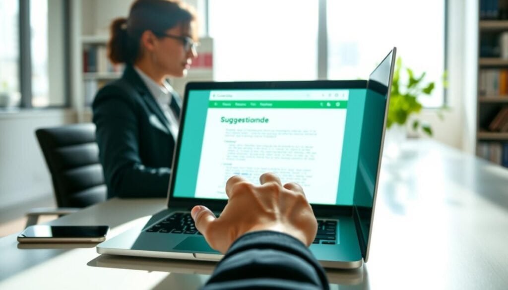 A modern office workspace scene where a professional person in business attire is seated at a sleek desk, focused on their laptop screen displaying Google Docs in Suggestion Mode. The foreground features the glowing laptop screen highlighting the “Suggesting” status in a vibrant green. In the middle, a hand is poised over the keyboard, ready to transition back to Standard Editing Mode, symbolizing the shift in workflow. The background shows a bright and airy office with light streaming through large windows, creating a calm and productive atmosphere. Soft shadows enhance the depth of the scene, and a blurred bookshelf filled with reference materials adds context, evoking a sense of professionalism and focus. The overall mood is one of efficiency and clarity. A modern office workspace scene where a professional person in business attire is seated at a sleek desk, focused on their laptop screen displaying Google Docs in Suggestion Mode. The foreground features the glowing laptop screen highlighting the “Suggesting” status in a vibrant green. In the middle, a hand is poised over the keyboard, ready to transition back to Standard Editing Mode, symbolizing the shift in workflow. The background shows a bright and airy office with light streaming through large windows, creating a calm and productive atmosphere. Soft shadows enhance the depth of the scene, and a blurred bookshelf filled with reference materials adds context, evoking a sense of professionalism and focus. The overall mood is one of efficiency and clarity.