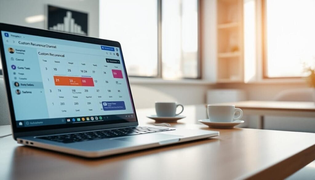 A modern office workspace showcasing a "Custom Recurrence Channel" for meetings. In the foreground, a sleek laptop displays a Microsoft Teams interface, zoomed in on the scheduling page with vibrant colors highlighting custom recurrence options. In the middle ground, a minimalist desk with a stylish calendar and a cup of coffee, suggesting an organized environment. The background features a softly blurred window with natural sunlight streaming in, creating an inviting and productive atmosphere. The image employs soft, warm lighting to evoke a sense of comfort and professionalism. The angle is slightly top-down, providing a clear view of the laptop screen while maintaining a clean, distraction-free aesthetic. A modern office workspace showcasing a "Custom Recurrence Channel" for meetings. In the foreground, a sleek laptop displays a Microsoft Teams interface, zoomed in on the scheduling page with vibrant colors highlighting custom recurrence options. In the middle ground, a minimalist desk with a stylish calendar and a cup of coffee, suggesting an organized environment. The background features a softly blurred window with natural sunlight streaming in, creating an inviting and productive atmosphere. The image employs soft, warm lighting to evoke a sense of comfort and professionalism. The angle is slightly top-down, providing a clear view of the laptop screen while maintaining a clean, distraction-free aesthetic.