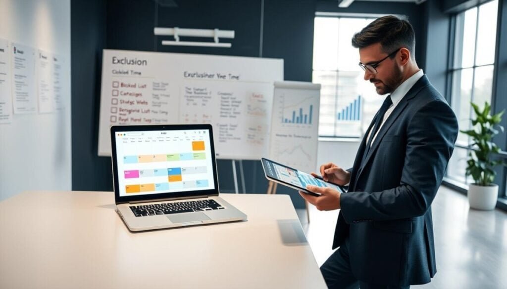 A modern office workspace, showcasing a sleek desk with an open laptop displaying a colorful calendar interface, emphasizing blocked time slots. Nearby, a large whiteboard filled with organized exclusion lists and strategic notes, highlighting important tasks and priorities. In the foreground, a focused professional in smart business attire, analyzing data on a tablet, surrounded by charts and graphs reflecting productivity metrics. The background features large windows with soft natural light filtering in, creating an inviting atmosphere. Use a wide-angle lens to capture the entire scene, evoking a sense of determination and efficiency. The mood should be professional and inspiring, illustrating the importance of establishing guardrails in a busy work environment.