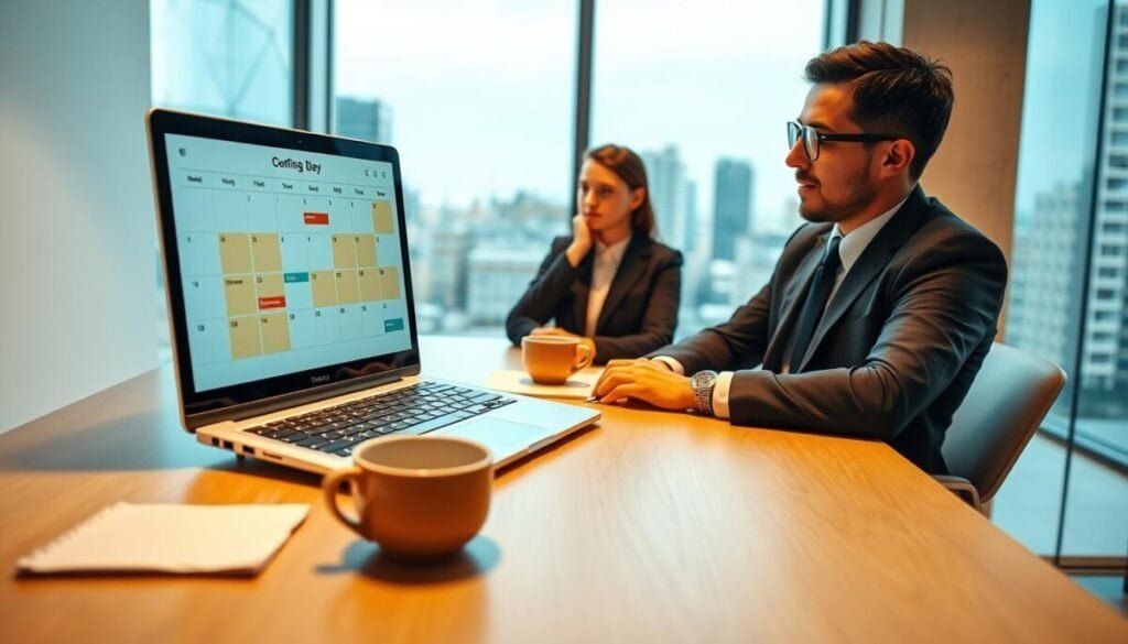 A modern office workspace with a digital calendar displayed on a sleek laptop screen, showcasing a well-organized schedule featuring set working hours. In the foreground, a professional individual in business attire is actively configuring the calendar on the laptop, with focused expressions reflecting productivity and clarity. In the middle, a softly illuminated desk adorned with a notepad, pen, and a coffee cup, suggesting a perfect working environment. The background features a large window letting in natural light, revealing an urban landscape outside. The lighting is warm and inviting, creating an atmosphere of efficiency and professionalism. The angle should be slightly above the desk level, emphasizing the calendar and the user’s engagement with the technology.