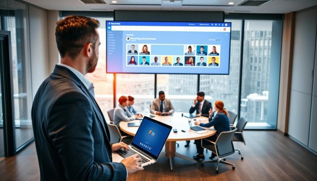 A modern, professional meeting room with a large digital screen displaying a Microsoft Teams interface for breakout rooms. In the foreground, a business professional in a tailored suit, confidently managing virtual participants on a laptop. The middle layer shows a circular conference table with several colleagues engaged in discussion, all dressed in smart business attire. In the background, the room features large windows with natural light streaming in, illuminating the sleek furniture and tech gadgets. The atmosphere is focused and collaborative, conveying a sense of productivity and teamwork. The perspective is a slightly elevated angle, capturing both the participants and the digital interface clearly, with a warm, inviting color palette that enhances the mood of effective communication.