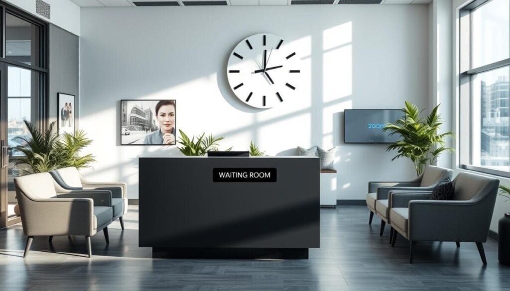 A modern, professional waiting room designed for a virtual meeting environment. In the foreground, a sleek, minimalist reception desk with a digital display showing a "Waiting Room" status. On either side, comfortable seating with elegant armchairs in muted tones. In the middle, a large window allowing natural light to filter in, casting soft shadows across the room, while plants and artwork add a touch of warmth and professionalism. The background features a large, modern clock and screens displaying a muted Zoom interface. The atmosphere feels calm and organized, conveying a sense of readiness and control. The scene is well-lit, promoting a positive and inviting business environment, captured from a slightly angled perspective to provide depth.