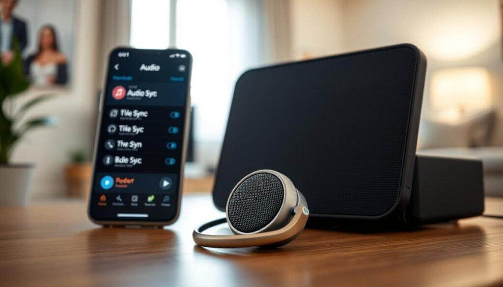 A modern, sleek Bluetooth audio device, like a wireless headphone or speaker, prominently displayed in the foreground. The device should have a polished metallic finish, reflecting soft ambient light. In the middle ground, showcase a smartphone screen displaying audio settings, with visual indicators for audio sync features, illuminated delicately. The background can feature a soft-focus home environment, perhaps a minimalist living room, enhancing the tech-savvy atmosphere. The lighting should be bright yet soft, casting gentle shadows to create depth. Capture the mood of innovation and convenience, emphasizing the seamless connection between devices. The angle should be slightly tilted, showcasing the features and creating a dynamic perspective. Ensure the scene feels professional and polished, free of clutter.
