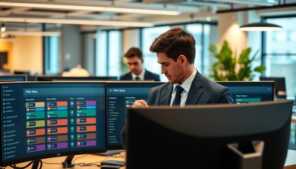 A modern, sleek digital workspace featuring a variety of "filter values" displayed on multiple monitors. In the foreground, a desktop with detailed screens showing colorful JIRA filter options such as priority, status, and assignee, all organized methodically. The middle layer includes a knowledgeable professional in smart business attire, focused on adjusting configurations on the screens, embodying a spirit of concentration and expertise. The background showcases a stylish office environment with soft ambient lighting, contemporary décor, and a hint of greenery for a fresh feel. The overall atmosphere is one of productivity and innovation, capturing the idea of customizing alert conditions effectively. The composition is viewed from a slight angle to emphasize the collaborative workspace. A modern, sleek digital workspace featuring a variety of "filter values" displayed on multiple monitors. In the foreground, a desktop with detailed screens showing colorful JIRA filter options such as priority, status, and assignee, all organized methodically. The middle layer includes a knowledgeable professional in smart business attire, focused on adjusting configurations on the screens, embodying a spirit of concentration and expertise. The background showcases a stylish office environment with soft ambient lighting, contemporary décor, and a hint of greenery for a fresh feel. The overall atmosphere is one of productivity and innovation, capturing the idea of customizing alert conditions effectively. The composition is viewed from a slight angle to emphasize the collaborative workspace.