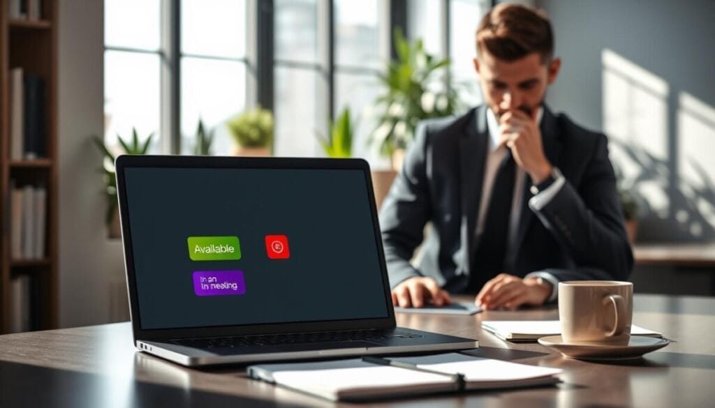A modern, sleek office environment as the backdrop, featuring a large window with natural light streaming in. In the foreground, a laptop displays vibrant, colorful icons representing various status messages like 'Available,' 'In a Meeting,' and 'Do Not Disturb,' each in distinct colors to signify their meaning. A professional individual, dressed in smart business casual attire, is seated at the desk, thoughtfully analyzing their status options. On the desk, a notepad and a cup of coffee add a touch of warmth. Soft shadows play across the scene, creating a calm and productive atmosphere. The composition is slightly angled to give depth, focusing on the laptop and the user, with a blurred bookshelf in the background enriched with plants for a fresh, vibrant look.