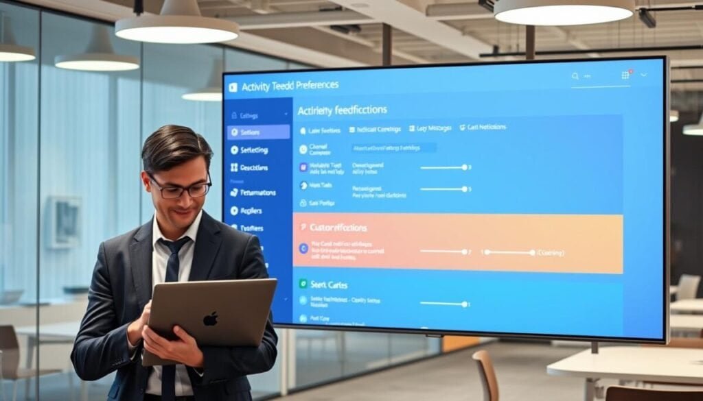 A modern, sleek office environment showcasing a large digital screen displaying a vibrant and colorful dashboard of activity feed preferences for Microsoft Teams. In the foreground, a professional individual wearing smart business attire is interacting with a laptop, looking engaged and focused. The middle ground features a detailed view of the digital screen, highlighting various settings for channel notifications, such as toggles and sliders, with a pleasing user interface design. The background includes contemporary office furniture and soft, diffused lighting that creates a productive atmosphere. The overall mood is one of efficiency and modernity, emphasizing the customization of digital communication tools in a collaborative workspace. A modern, sleek office environment showcasing a large digital screen displaying a vibrant and colorful dashboard of activity feed preferences for Microsoft Teams. In the foreground, a professional individual wearing smart business attire is interacting with a laptop, looking engaged and focused. The middle ground features a detailed view of the digital screen, highlighting various settings for channel notifications, such as toggles and sliders, with a pleasing user interface design. The background includes contemporary office furniture and soft, diffused lighting that creates a productive atmosphere. The overall mood is one of efficiency and modernity, emphasizing the customization of digital communication tools in a collaborative workspace.
