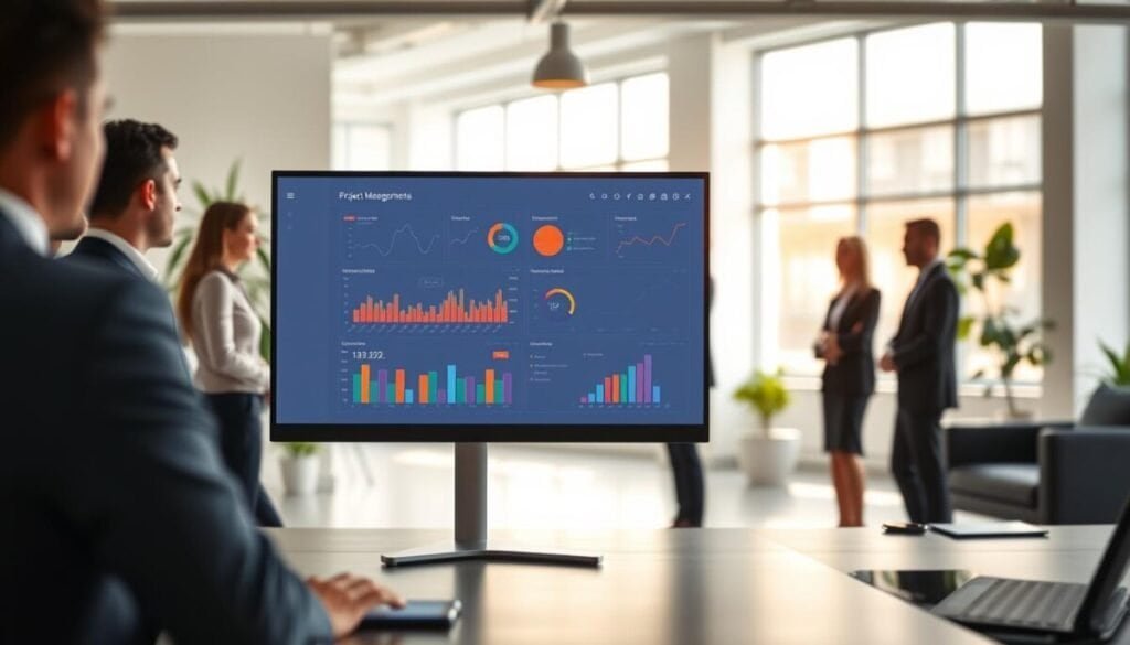 A modern, sleek project management dashboard displayed on a large computer screen. In the foreground, a well-organized digital interface showcases vibrant graphs, trackable metrics, and color-coded project statuses. The middle ground features a blurred silhouette of a diverse team of professionals dressed in business attire, engaged in a discussion about the dashboard, emphasizing collaboration. The background reveals a bright and airy office environment with large windows letting in natural light, plants for a touch of greenery, and minimalistic furniture for a contemporary look. The overall mood is focused, innovative, and productive, capturing the essence of effective project management. The composition is well-lit, with a slight bokeh effect on the figures to enhance focus on the dashboard. A modern, sleek project management dashboard displayed on a large computer screen. In the foreground, a well-organized digital interface showcases vibrant graphs, trackable metrics, and color-coded project statuses. The middle ground features a blurred silhouette of a diverse team of professionals dressed in business attire, engaged in a discussion about the dashboard, emphasizing collaboration. The background reveals a bright and airy office environment with large windows letting in natural light, plants for a touch of greenery, and minimalistic furniture for a contemporary look. The overall mood is focused, innovative, and productive, capturing the essence of effective project management. The composition is well-lit, with a slight bokeh effect on the figures to enhance focus on the dashboard.