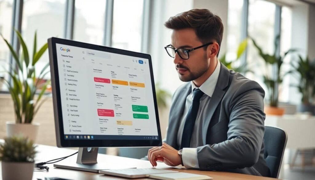 A modern, sleek workspace featuring a high-tech computer displaying Google Tasks in an advanced scheduling interface. In the foreground, a focused professional in business attire is interacting with the screen, organizing tasks with color-coded labels. The middle layer shows a digital calendar synced beside the task list, items neatly aligned and highlighted for clarity. The background features a sunlit office environment with plants and minimalistic decor, creating a productive atmosphere. Soft natural lighting streams through large windows, casting gentle shadows. The mood is focused and efficient, capturing the essence of modern productivity tools. Angled shot with a slight depth of field to emphasize the tasks and calendar, ensuring they are the focal point of the image.