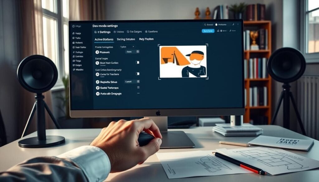 A modern, sleek workspace showcasing a computer screen displaying Figma's dev mode interface. In the foreground, a pair of hands, dressed in smart, casual business attire, manipulate a mouse, with the cursor hovering over settings that manage active status and observation features. The middle layer features a laptop on a desk cluttered with design sketches and notes, all illuminated by soft, natural light filtering through a window. In the background, a bookshelf filled with design books and awards adds depth. The overall atmosphere is focused and productive, conveying a sense of professionalism and creativity in a digital design environment. Use soft, diffused lighting to bring warmth and clarity to the scene, emphasizing the user’s concentration. A modern, sleek workspace showcasing a computer screen displaying Figma's dev mode interface. In the foreground, a pair of hands, dressed in smart, casual business attire, manipulate a mouse, with the cursor hovering over settings that manage active status and observation features. The middle layer features a laptop on a desk cluttered with design sketches and notes, all illuminated by soft, natural light filtering through a window. In the background, a bookshelf filled with design books and awards adds depth. The overall atmosphere is focused and productive, conveying a sense of professionalism and creativity in a digital design environment. Use soft, diffused lighting to bring warmth and clarity to the scene, emphasizing the user’s concentration.