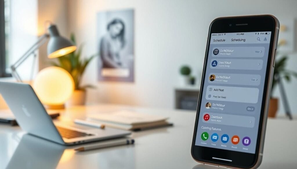 A modern smartphone displayed prominently in the foreground, showcasing a clean and intuitive scheduling app interface. The screen highlights scheduling features such as "Do Not Disturb" settings, with colorful icons representing work apps. In the middle ground, a sleek workspace is depicted, featuring a well-organized desk with a laptop, notebooks, and a stylish desk lamp casting soft, warm light. The background includes a blurred view of an office environment, emphasizing a productive atmosphere with soft-focus elements like a plant and motivational posters. The overall mood is calm and focused, suggesting automation and tranquility, with bright yet soothing colors to inspire concentration and efficiency.