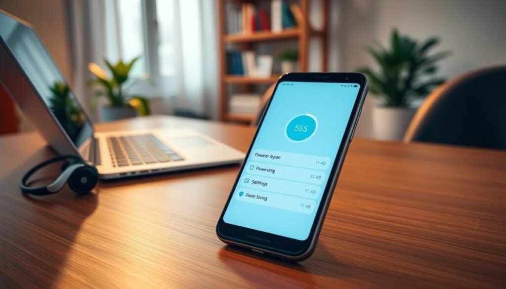 A modern smartphone displaying its power-saving mode interface prominently in the foreground, set on a sleek wooden table. The device should be illuminated softly by warm ambient lighting, highlighting the vibrant screen showing a visual representation of power-saving settings. In the middle ground, a stylish laptop and a pair of Bluetooth headphones are subtly visible, suggesting a technologically advanced environment. The background softly fades into a cozy home office setting, with a blurred bookshelf and indoor plant, contributing to a calm and productive atmosphere. Capture the scene with a slight overhead angle, focusing on the smartphone while maintaining an inviting and engaging mood without any text or clutter.