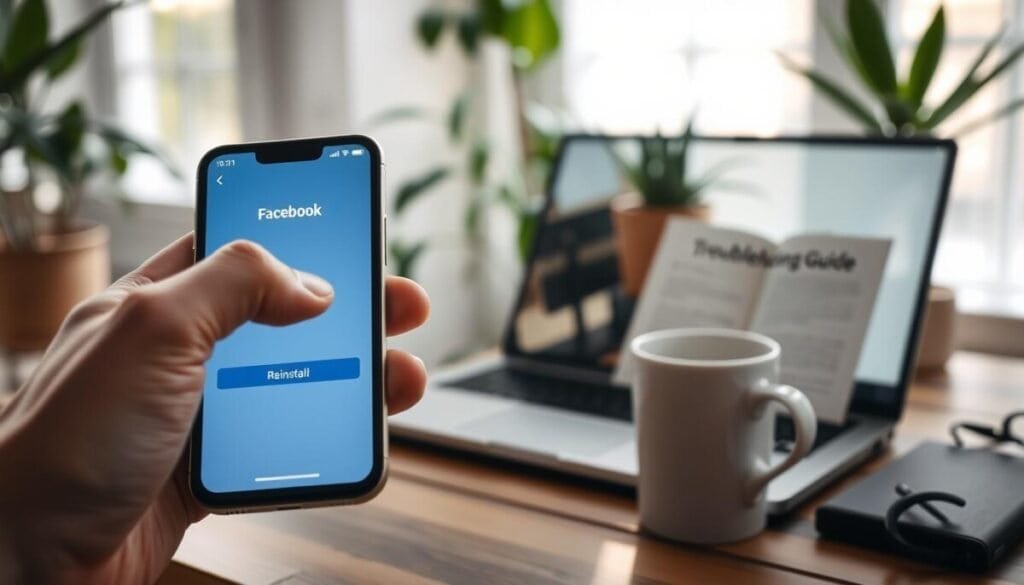 A modern smartphone displaying the Facebook app interface, focused on the Reels section, with a bright, inviting background of a cozy workspace. In the foreground, a hand reaches out to tap the 'Reinstall' button, accentuated by soft, natural lighting coming from a nearby window. The middle layer showcases a sleek laptop with an open troubleshooting guide, and a mug of coffee sits beside it, contributing to a relaxed yet productive atmosphere. The background is slightly blurred, filled with plants and a clean desk setup to enhance a sense of freshness and clarity. The overall mood is optimistic and encouraging, reflecting a fresh start in the app’s functionality.