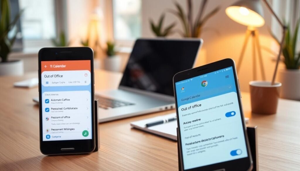 A modern smartphone displaying the Google Calendar app interface prominently in the foreground, showcasing a detailed view of the "Out of Office" settings. The screen features vibrant colors and clear icons, highlighting the automatic decline feature with ticks and buttons. In the middle ground, a sleek wooden desk with a stylish laptop and a notepad can be seen, adding a touch of professionalism. The background presents a softly blurred home office environment with a calming ambiance, featuring warm lighting from a desk lamp and a few houseplants that enhance the serene atmosphere. The composition is focused and well-lit, evoking a sense of productivity and organization in a modern work setting. A modern smartphone displaying the Google Calendar app interface prominently in the foreground, showcasing a detailed view of the "Out of Office" settings. The screen features vibrant colors and clear icons, highlighting the automatic decline feature with ticks and buttons. In the middle ground, a sleek wooden desk with a stylish laptop and a notepad can be seen, adding a touch of professionalism. The background presents a softly blurred home office environment with a calming ambiance, featuring warm lighting from a desk lamp and a few houseplants that enhance the serene atmosphere. The composition is focused and well-lit, evoking a sense of productivity and organization in a modern work setting.