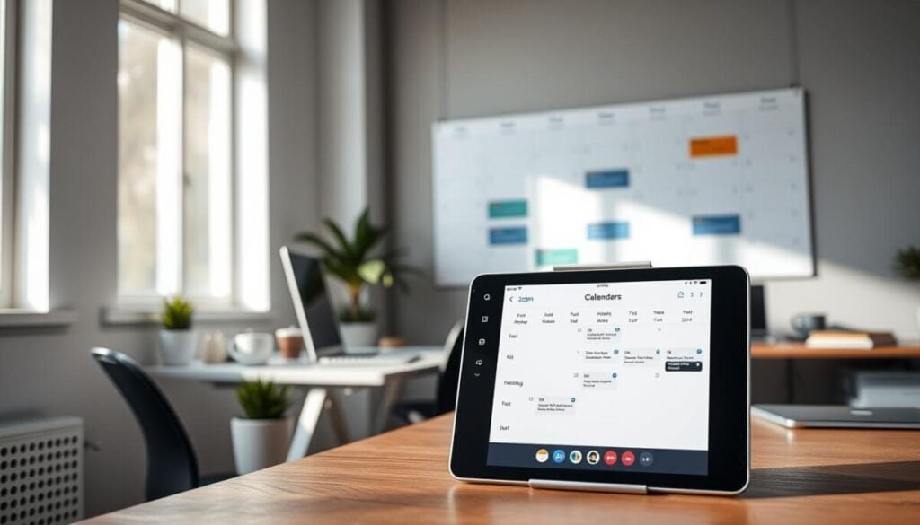 A modern, stylish workspace featuring a large wall calendar with highlighted dates indicating availability for meetings. In the foreground, a sleek digital tablet displays a calendar interface with Zoom scheduling options, showcasing a user-friendly design and vibrant colors. In the background, a well-organized desk adorned with office supplies, a potted plant, and a laptop, adding a touch of productivity and modernity. The scene is brightly lit with natural daylight streaming through a nearby window, casting soft shadows for depth. Use a slight downward angle to create an engaging perspective that invites viewers into the workspace. The overall mood is professional, focused, and inviting, ideal for illustrating calendar management and scheduling.