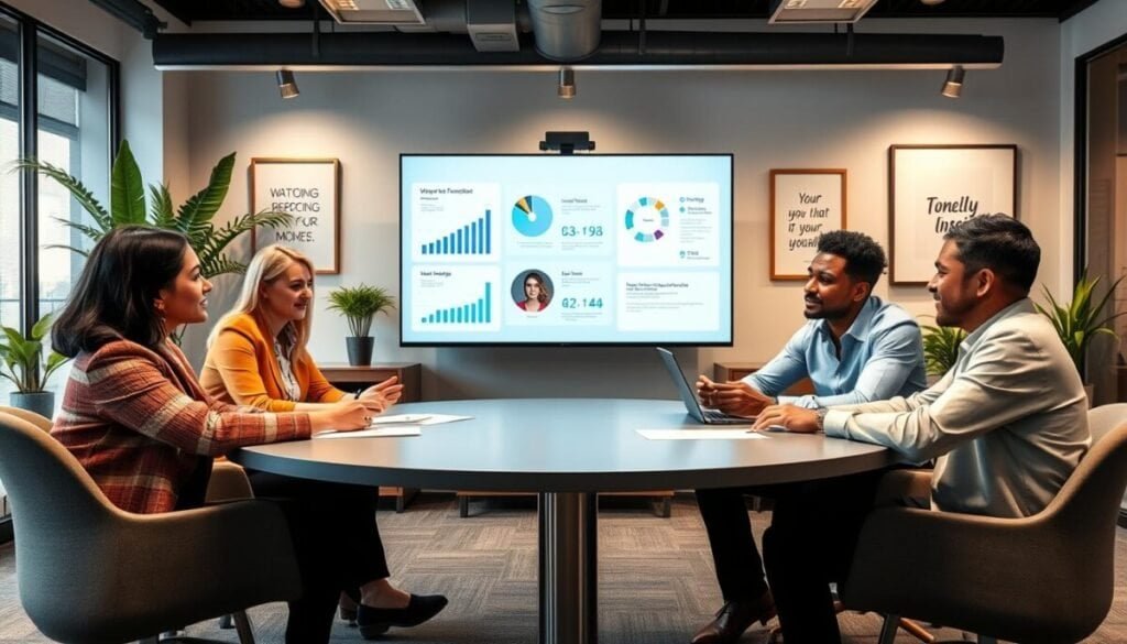 A modern virtual breakout room setup showcasing a diverse group of professionals engaging in a productive discussion. In the foreground, three individuals—two women and one man—are seated at a round table, exchanging ideas with focused expressions, dressed in smart casual attire. The middle ground features a large screen displaying digital feedback charts and notes, symbolizing meaningful reporting. Soft lighting highlights their faces, creating a warm and inviting atmosphere. The background includes a stylish office environment with plants and motivational artwork, conveying professionalism and creativity. The camera angle is slightly elevated, capturing both the table dynamics and the screen content, evoking a sense of collaboration and engagement in a seamless Zoom meeting experience. A modern virtual breakout room setup showcasing a diverse group of professionals engaging in a productive discussion. In the foreground, three individuals—two women and one man—are seated at a round table, exchanging ideas with focused expressions, dressed in smart casual attire. The middle ground features a large screen displaying digital feedback charts and notes, symbolizing meaningful reporting. Soft lighting highlights their faces, creating a warm and inviting atmosphere. The background includes a stylish office environment with plants and motivational artwork, conveying professionalism and creativity. The camera angle is slightly elevated, capturing both the table dynamics and the screen content, evoking a sense of collaboration and engagement in a seamless Zoom meeting experience.