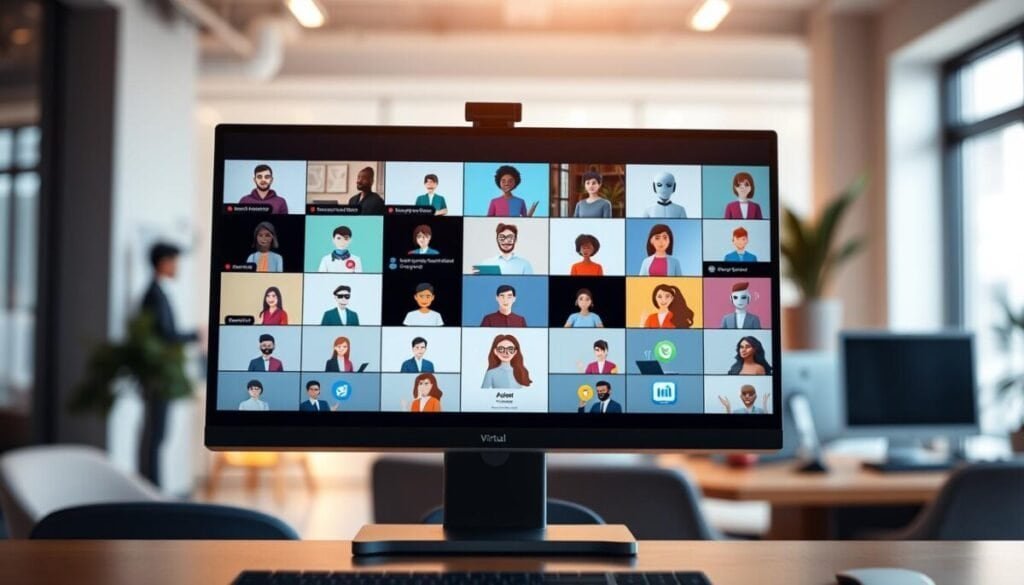 A modern virtual meeting interface displayed on a computer screen, featuring digital breakout rooms filled with diverse professionals collaborating. In the foreground, the computer with a sleek design, showing an organized layout of virtual breakout rooms. The middle ground showcases animated, colorful icons representing various AI meeting assistants aiding in discussions, with a focus on teamwork and efficiency. In the background, a blurred office environment gives a sense of productivity and professionalism, illuminated by soft, natural light streaming through a window, creating a warm and inviting atmosphere. The overall mood is dynamic and collaborative, highlighting the innovative use of technology in structured meetings.