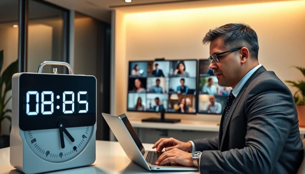 A modern virtual meeting room with a digital clock prominently displayed, indicating the countdown timer for breakout sessions. In the foreground, a professional man in business attire is attentively managing multiple Zoom breakout rooms on a laptop, with a focused expression. In the middle, various screens display engaged participants discussing ideas, each in their own virtual room, showcasing a sense of collaboration and productivity. The background features a sleek, contemporary home office with soft, ambient lighting that creates a warm and inviting atmosphere. The camera angle is slightly above eye level, offering a glimpse of both the man’s concentration and the vibrant activity occurring in the breakout rooms. The overall mood is dynamic and efficient, capturing the essence of effective time management during virtual sessions. A modern virtual meeting room with a digital clock prominently displayed, indicating the countdown timer for breakout sessions. In the foreground, a professional man in business attire is attentively managing multiple Zoom breakout rooms on a laptop, with a focused expression. In the middle, various screens display engaged participants discussing ideas, each in their own virtual room, showcasing a sense of collaboration and productivity. The background features a sleek, contemporary home office with soft, ambient lighting that creates a warm and inviting atmosphere. The camera angle is slightly above eye level, offering a glimpse of both the man’s concentration and the vibrant activity occurring in the breakout rooms. The overall mood is dynamic and efficient, capturing the essence of effective time management during virtual sessions.