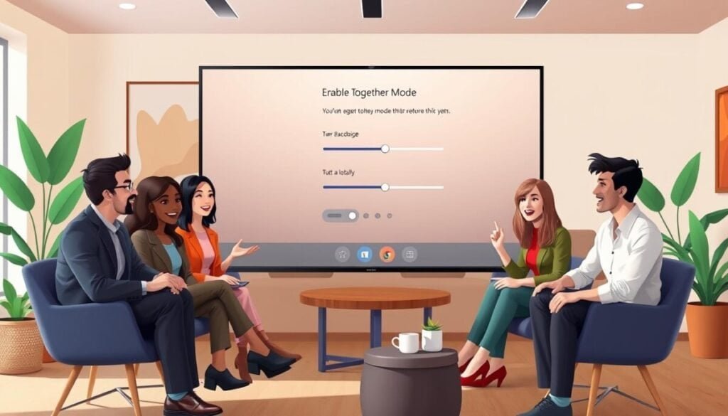 A modern virtual meeting scene showcasing Microsoft Teams' Together Mode. In the foreground, a diverse group of eight professionals appears seated in an illustrated, cozy virtual space resembling a coffee shop, engaging enthusiastically. Each individual is dressed in smart casual attire, reflecting a collaborative atmosphere. The middle layer features a large, semi-transparent screen displaying interactive settings for enabling Together Mode, including sliders and icons for customization. In the background, the environment is softly lit with warm hues, blending elements of home and office, such as abstract art on the walls and plants enhancing the inviting feel. The overall mood is vibrant and engaging, emphasizing connection and teamwork in a digital format. Use a slightly tilted angle to give depth, with a focus on the animated expressions of the participants. A modern virtual meeting scene showcasing Microsoft Teams' Together Mode. In the foreground, a diverse group of eight professionals appears seated in an illustrated, cozy virtual space resembling a coffee shop, engaging enthusiastically. Each individual is dressed in smart casual attire, reflecting a collaborative atmosphere. The middle layer features a large, semi-transparent screen displaying interactive settings for enabling Together Mode, including sliders and icons for customization. In the background, the environment is softly lit with warm hues, blending elements of home and office, such as abstract art on the walls and plants enhancing the inviting feel. The overall mood is vibrant and engaging, emphasizing connection and teamwork in a digital format. Use a slightly tilted angle to give depth, with a focus on the animated expressions of the participants.