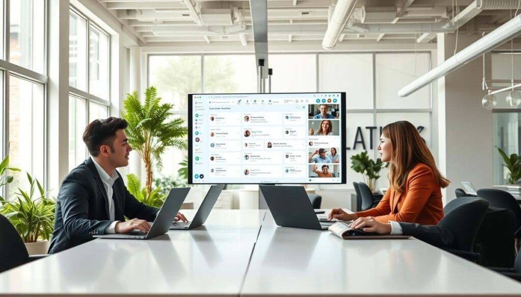 A modern, visually appealing workspace featuring a diverse group of professionals engaged in a video conference on Slack Connect. In the foreground, three individuals—two men and one woman, all dressed in professional business attire—are seated at a sleek, white table with laptops open, displaying the Slack interface on their screens. The middle ground shows a large, high-tech screen displaying Slack's user interface with multiple channels for collaboration, emphasizing external connections with links and icons. In the background, large windows allow soft, natural light to illuminate the bright office space, filled with greenery and modern decor, creating a productive yet relaxed atmosphere. The overall mood is collaborative and innovative, highlighting the power of Slack Connect for effective external communication.