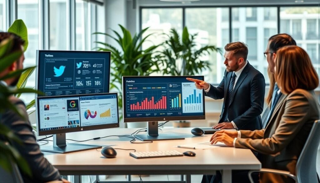A modern workspace depicting social media management, featuring a sleek desktop setup with multiple monitors displaying analytics and Twitter feeds. In the foreground, a diverse group of three professionals in smart business attire, engaged in a brainstorming session, with one pointing at a screen. In the middle, colorful charts and engaging visuals showcasing engagement metrics and social media strategies. In the background, a bright and airy office with large windows letting in natural light, lush green plants adding warmth. The mood is focused and collaborative, with an atmosphere of innovation. Soft, diffused lighting enhances the professional feel, while the angle captures a dynamic view of teamwork and technology in action. A modern workspace depicting social media management, featuring a sleek desktop setup with multiple monitors displaying analytics and Twitter feeds. In the foreground, a diverse group of three professionals in smart business attire, engaged in a brainstorming session, with one pointing at a screen. In the middle, colorful charts and engaging visuals showcasing engagement metrics and social media strategies. In the background, a bright and airy office with large windows letting in natural light, lush green plants adding warmth. The mood is focused and collaborative, with an atmosphere of innovation. Soft, diffused lighting enhances the professional feel, while the angle captures a dynamic view of teamwork and technology in action.