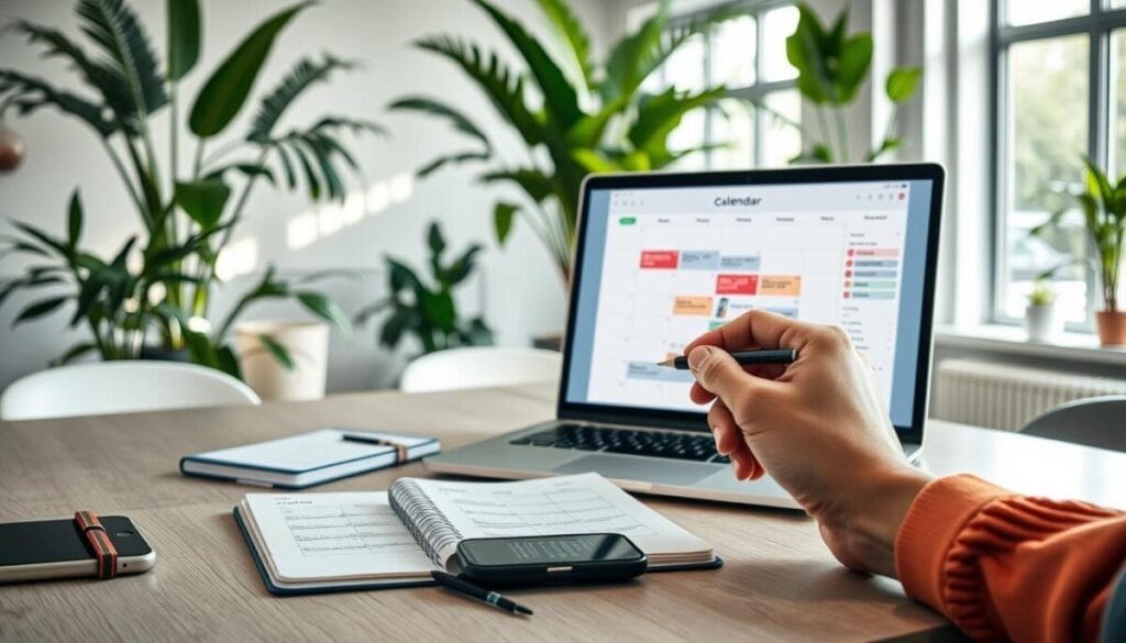 A modern workspace featuring a large, open desk layout with a digital calendar displayed prominently on a sleek laptop screen. The foreground showcases a hand using a stylus to interact with the calendar interface, highlighting specific events. In the middle ground, a stylish planner and a smartphone display notifications about event visibility settings. The background includes bright, natural light streaming through a large window, creating an inviting atmosphere, with lush indoor plants enhancing the scene. The overall mood is productive and organized, suitable for a professional environment, with a focus on managing visibility for individual calendar events and tasks. No text or distractions are present.