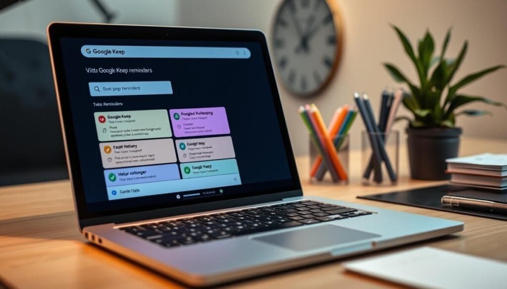 A modern workspace featuring a sleek digital interface displaying Google Keep reminders. In the foreground, a laptop with the Google Keep app open, showcasing colorful reminder cards with various tasks and deadlines. To the side, a stylish desk organizer holds pens and notepads, emphasizing organization. In the middle ground, a potted plant adds a touch of greenery, symbolizing a balanced work environment. The background features a subtle wall clock and soft ambient lighting, creating a serene atmosphere. The scene is shot with a shallow depth of field from a slightly elevated angle, capturing the essence of productivity. The mood is focused and calm, reflecting effective time management strategies. All elements are arranged harmoniously, promoting an organized approach to managing tasks. A modern workspace featuring a sleek digital interface displaying Google Keep reminders. In the foreground, a laptop with the Google Keep app open, showcasing colorful reminder cards with various tasks and deadlines. To the side, a stylish desk organizer holds pens and notepads, emphasizing organization. In the middle ground, a potted plant adds a touch of greenery, symbolizing a balanced work environment. The background features a subtle wall clock and soft ambient lighting, creating a serene atmosphere. The scene is shot with a shallow depth of field from a slightly elevated angle, capturing the essence of productivity. The mood is focused and calm, reflecting effective time management strategies. All elements are arranged harmoniously, promoting an organized approach to managing tasks.
