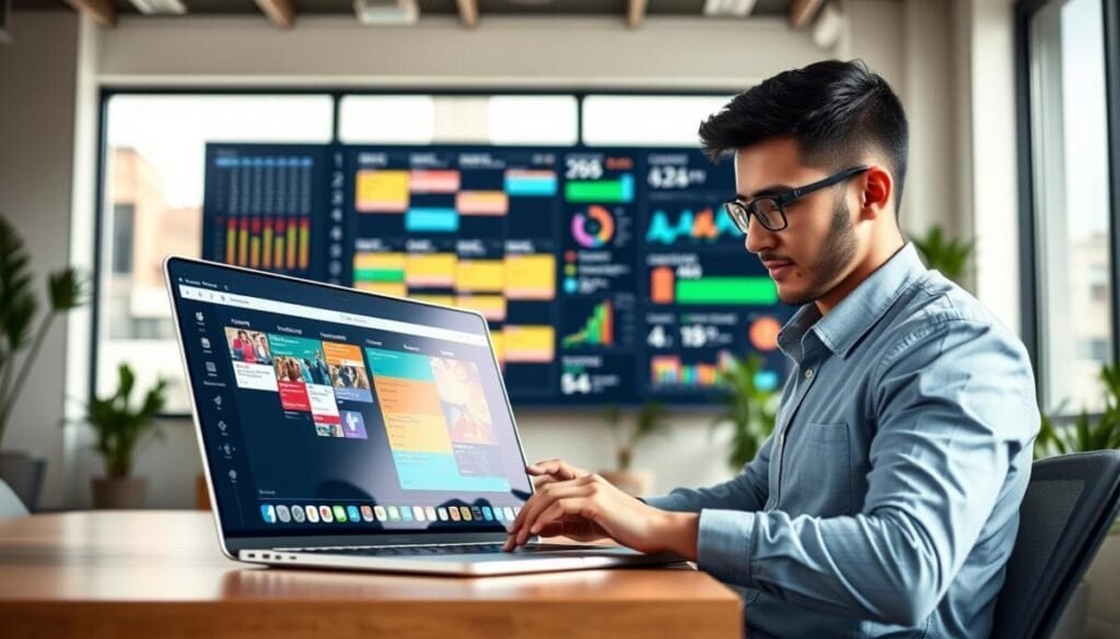 A modern workspace featuring a sleek laptop displaying a vibrant digital calendar integrated with various productivity tools. In the foreground, a professional wearing smart casual attire is interacting with the laptop, demonstrating focus and engagement. The middle layer showcases a large, wall-mounted digital display with colorful calendar visuals and graphical representations of productivity metrics. In the background, soft natural light filters in through large windows, creating an inviting atmosphere, while potted plants add a touch of greenery. The scene exudes a sense of organization and efficiency, with clean lines and a minimalist aesthetic. Capture the essence of productivity and integration in a well-lit, spacious office environment.