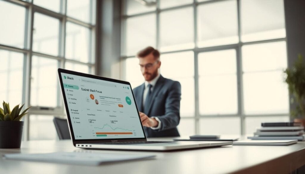 A modern workspace featuring a user-friendly interface of the Slack Focus app integration displayed prominently on a sleek laptop screen in the foreground. In the middle ground, a professional-looking individual in business attire is engaging with the application, their focused expression reflecting productivity and efficiency. Soft, natural daylight filters through large windows in the background, creating a bright and inviting atmosphere while enhancing the high-tech ambiance of the environment. The scene suggests automation, with subtle hints of digital connectivity, like faint lines or graphs emerging from the laptop, symbolizing seamless integration. Focus on clean lines and an organized desk to emphasize clarity and functionality, capturing the essence of modern work-life harmony.