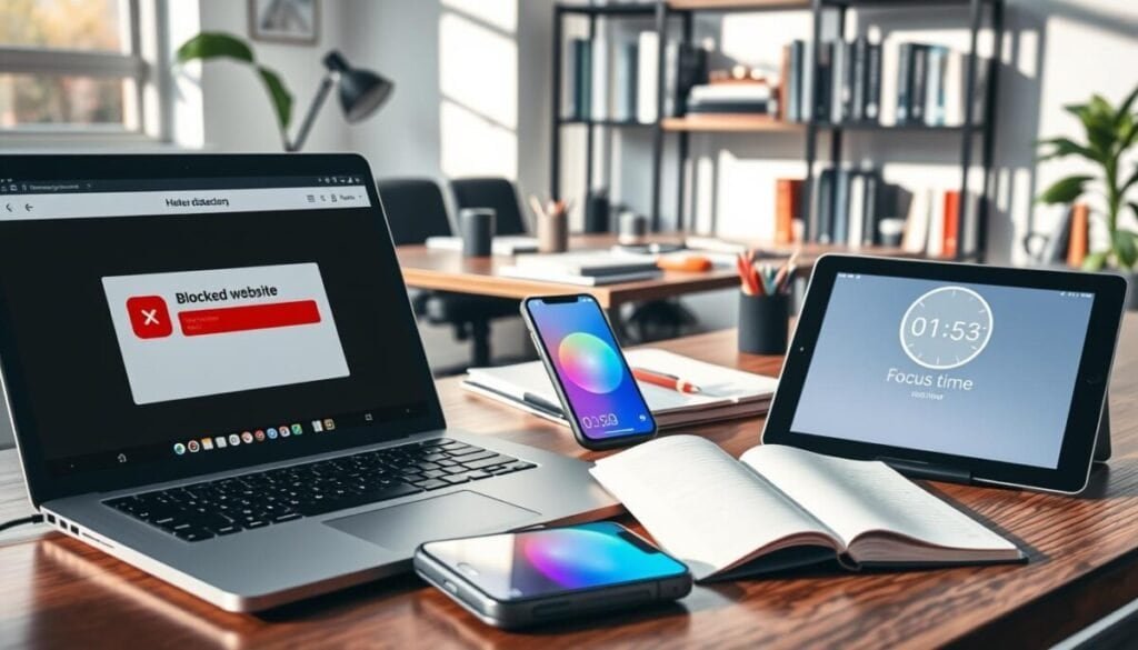 A modern workspace featuring a variety of devices to illustrate digital distraction management. In the foreground, a sleek laptop displays a blocked website notification, while a smartphone next to it displays productivity apps. A tablet shows a focus timer with serene colors. In the middle ground, there's a stylish office desk cluttered with office supplies and a notebook for jotting down ideas. The background features a well-organized shelf with books on productivity and time management. Natural light filters through a window, casting soft shadows. The atmosphere is focused and professional, encouraging a sense of organization and concentration. The scene conveys the importance of managing distractions across multiple devices in a workspace setting.