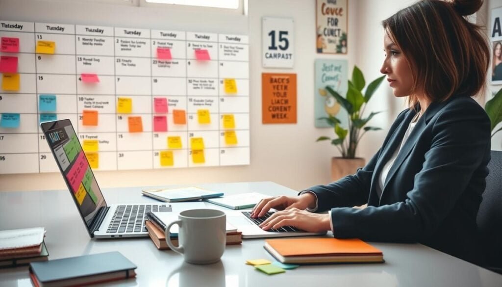 A modern workspace focused on batching LinkedIn posts, featuring a professional-looking woman in business attire sitting at a sleek desk filled with notebooks, a laptop, and colorful sticky notes. In the foreground, a close-up of her hands typing on the laptop keyboard, with a coffee mug beside her. The middle layer showcases a large wall calendar marked with deadlines and themed content ideas, creating a sense of organization. In the background, a window with natural light streaming in, illuminating motivational posters and plants, adding a vibrant touch to the atmosphere. The overall mood is productive and focused, emphasizing the strategic planning involved in content creation. Use soft lighting to enhance the professional yet warm vibe, shot from a slightly elevated angle for a comprehensive view. A modern workspace focused on batching LinkedIn posts, featuring a professional-looking woman in business attire sitting at a sleek desk filled with notebooks, a laptop, and colorful sticky notes. In the foreground, a close-up of her hands typing on the laptop keyboard, with a coffee mug beside her. The middle layer showcases a large wall calendar marked with deadlines and themed content ideas, creating a sense of organization. In the background, a window with natural light streaming in, illuminating motivational posters and plants, adding a vibrant touch to the atmosphere. The overall mood is productive and focused, emphasizing the strategic planning involved in content creation. Use soft lighting to enhance the professional yet warm vibe, shot from a slightly elevated angle for a comprehensive view.