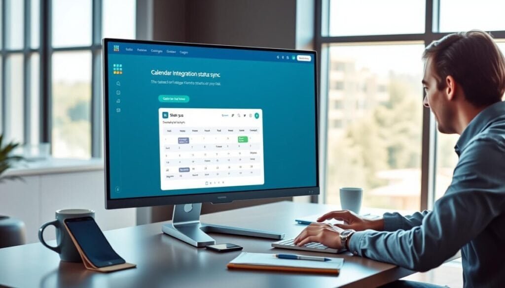 A modern workspace scene depicting a computer screen displaying a Slack interface, where the focus is on the calendar integration status sync feature. In the foreground, a person in professional attire intently interacts with the computer, showing excitement and engagement. In the middle ground, there's a sleek desk with a smartphone, a notebook, and a coffee cup, symbolizing productivity. In the background, a large window allows soft natural light to filter in, creating a warm and inviting atmosphere. The color palette is calm with blues and greens, enhancing a sense of organization and clarity. The image captures a moment of technological harmony and efficiency, emphasizing the concept of seamless status syncing.