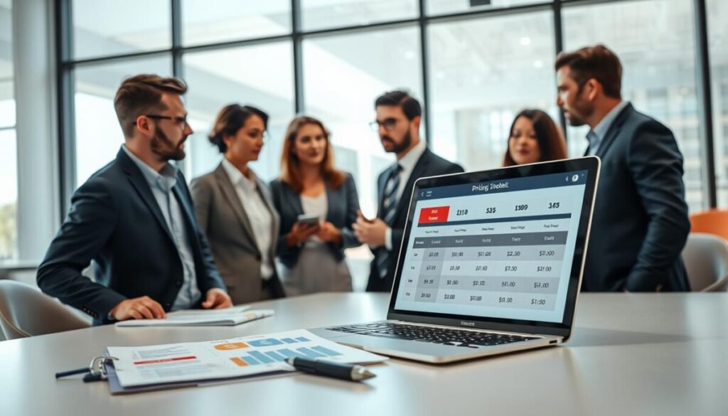 A modern workspace scene focusing on a digital pricing model for social media tools. In the foreground, a sleek laptop displays colorful graphs and price tier tables related to Instagram scheduling, with a notepad and pen beside it. In the middle, a group of professionals in business attire engaged in a discussion, analyzing the pricing models displayed on the laptop screen. They express a mix of curiosity and determination. The background features a bright, contemporary office space with large windows allowing natural light to flood in, creating a productive atmosphere. Soft shadows enhance the depth. The overall mood is one of innovation and strategic evaluation, with a hint of excitement for future growth and scalability.