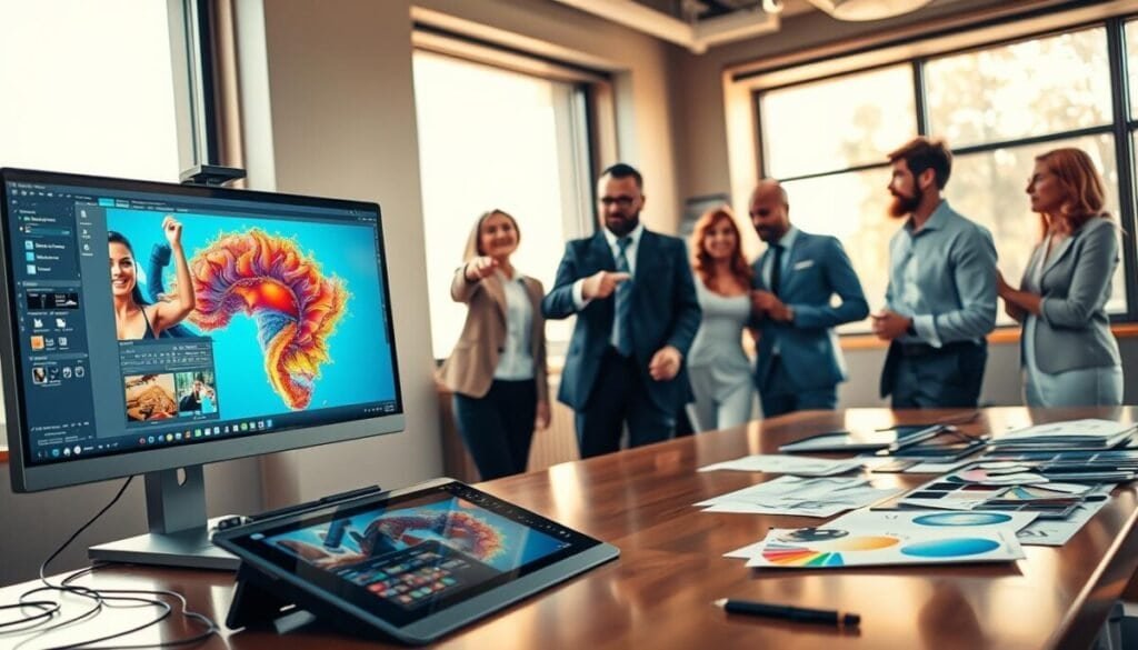 A modern workspace showcasing cutting-edge image generation tools in action. In the foreground, a sleek computer monitor displays a vibrant, AI-generated artwork, surrounded by professional design software interfaces. To the side, a digital drawing tablet with a stylus rests on a polished desk, alongside a collection of color swatches and sketches. The middle ground features a diverse group of professionals, dressed in smart business attire, collaborating enthusiastically—pointing at the screen and discussing ideas. In the background, a large window lets in warm natural light, illuminating the room and creating a cozy yet innovative atmosphere. The overall scene conveys creativity, collaboration, and the transformative power of technology in visual asset creation, with a soft focus lens effect to emphasize the subjects.