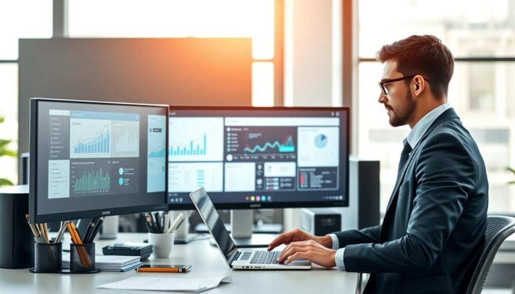A modern workspace showcasing three computer screens displaying various app interfaces for status updates, surrounded by organized office supplies. In the foreground, a professional individual in smart business attire, focused intently on a laptop, using a mouse to scroll through automation settings. The middle ground highlights vibrant graphs and flowcharts on the screens, symbolizing optimized workflows, while digital notifications pop up in a visually appealing manner. In the background, soft natural light floods through large windows, creating a bright, inspiring atmosphere. The overall mood is one of productivity and innovation, with a slight hint of technological sophistication. The image captures the essence of seamless automation in a contemporary office environment. A modern workspace showcasing three computer screens displaying various app interfaces for status updates, surrounded by organized office supplies. In the foreground, a professional individual in smart business attire, focused intently on a laptop, using a mouse to scroll through automation settings. The middle ground highlights vibrant graphs and flowcharts on the screens, symbolizing optimized workflows, while digital notifications pop up in a visually appealing manner. In the background, soft natural light floods through large windows, creating a bright, inspiring atmosphere. The overall mood is one of productivity and innovation, with a slight hint of technological sophistication. The image captures the essence of seamless automation in a contemporary office environment.