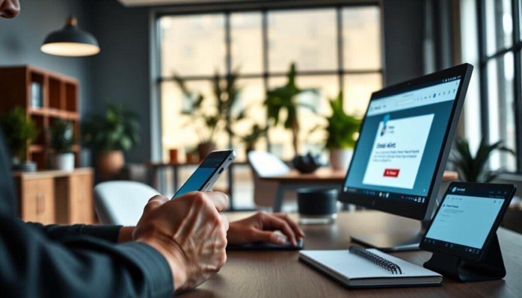 A modern workspace where a professional individual engages with both a mobile device and a desktop computer, showcasing the concept of enabling alerts. In the foreground, focus on the individual's hands, poised over a sleek desktop, with a glowing screen displaying Microsoft Planner notifications. The mobile device on a nearby table displays an alert notification. In the middle ground, a softly lit office environment features contemporary decor, plants, and a notepad, conveying productivity and focus. The background shows a large window with soft daylight filtering in, creating a calm atmosphere. Use a subtle depth of field effect to emphasize the foreground details, ensuring an inviting and organized feel throughout the scene. A modern workspace where a professional individual engages with both a mobile device and a desktop computer, showcasing the concept of enabling alerts. In the foreground, focus on the individual's hands, poised over a sleek desktop, with a glowing screen displaying Microsoft Planner notifications. The mobile device on a nearby table displays an alert notification. In the middle ground, a softly lit office environment features contemporary decor, plants, and a notepad, conveying productivity and focus. The background shows a large window with soft daylight filtering in, creating a calm atmosphere. Use a subtle depth of field effect to emphasize the foreground details, ensuring an inviting and organized feel throughout the scene.
