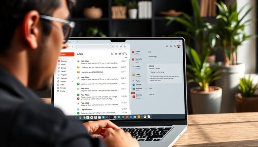 A modern workspace with a laptop open to a Gmail interface, displaying a list of emails neatly organized with colorful labels. In the foreground, a person in business attire is using an email alias to send a message, looking thoughtfully at the screen. The middle ground shows a detailed view of the laptop screen, highlighting the label settings and aliases feature within Gmail. Soft, natural lighting filters in from a window, casting gentle shadows. In the background, a stylish office setting with plants and bookshelves creates a productive atmosphere. The overall mood is focused and efficient, illustrating the concept of organization and automation in email management. A modern workspace with a laptop open to a Gmail interface, displaying a list of emails neatly organized with colorful labels. In the foreground, a person in business attire is using an email alias to send a message, looking thoughtfully at the screen. The middle ground shows a detailed view of the laptop screen, highlighting the label settings and aliases feature within Gmail. Soft, natural lighting filters in from a window, casting gentle shadows. In the background, a stylish office setting with plants and bookshelves creates a productive atmosphere. The overall mood is focused and efficient, illustrating the concept of organization and automation in email management.