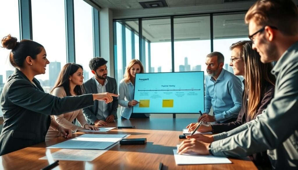 A professional and diverse team gathered around a modern conference table, engaged in a planning session. In the foreground, a woman in business attire points at a digital projection of a project timeline, highlighting team member responsibilities. In the middle, colleagues of various ethnicities actively discuss and take notes, showcasing collaboration and teamwork. In the background, large windows let in natural light, revealing a city skyline, creating an atmosphere of professionalism and productivity. The angle captures the dynamic interaction among team members, with a focus on their intent expressions and engaged posture. The lighting is bright and warm, enhancing a sense of teamwork and strategic planning. A professional and diverse team gathered around a modern conference table, engaged in a planning session. In the foreground, a woman in business attire points at a digital projection of a project timeline, highlighting team member responsibilities. In the middle, colleagues of various ethnicities actively discuss and take notes, showcasing collaboration and teamwork. In the background, large windows let in natural light, revealing a city skyline, creating an atmosphere of professionalism and productivity. The angle captures the dynamic interaction among team members, with a focus on their intent expressions and engaged posture. The lighting is bright and warm, enhancing a sense of teamwork and strategic planning.