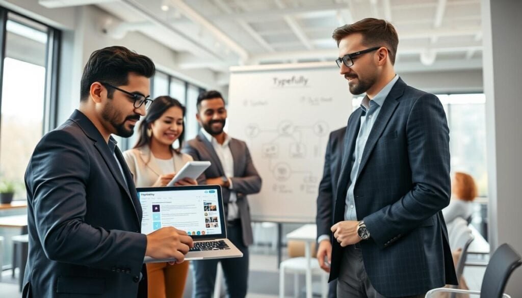 A professional environment showcasing a diverse group of people engaged in a brainstorming session about social media strategy. In the foreground, a Middle-Eastern man in a tailored navy suit points towards a laptop displaying a vibrant Twitter dashboard, illustrating the Typefully tool. To his left, a Hispanic woman in a smart casual blouse takes notes, while a Caucasian man in glasses, dressed in a sharp blazer, observes thoughtfully. In the middle, a large whiteboard displays flowcharts and diagrams related to Twitter thread scheduling. The background features modern office decor and large windows allowing natural light to flood the space, creating an uplifting and collaborative atmosphere. The scene is well-lit, emphasizing the enthusiasm and professionalism of the team.