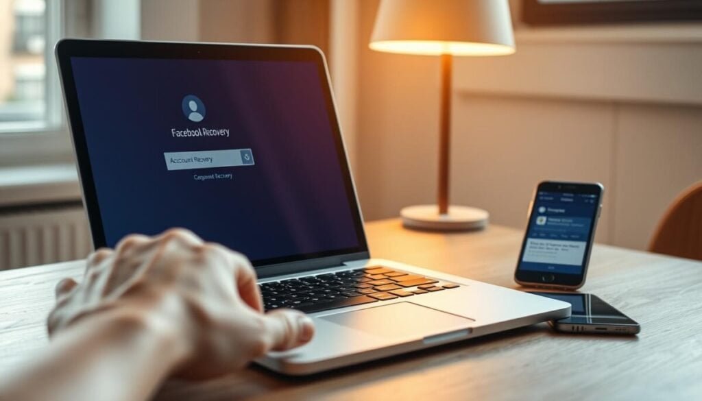 A professional, focused workspace featuring a modern laptop on a wooden desk, displaying a Facebook login page with an "Account Recovery" option highlighted. In the foreground, a hand reaches towards the laptop's keyboard, symbolizing an attempt to regain access. In the middle background, a smartphone is placed next to the laptop, showing a notification related to account recovery. The scene is softly lit with warm, natural light coming from a nearby window, creating a calm and reassuring atmosphere. The overall mood conveys determination and hopefulness in the process of recovering access to the Facebook account. The composition should be shot from a slightly elevated angle, providing a clear view of both the laptop and smartphone without any clutter in the surroundings. A professional, focused workspace featuring a modern laptop on a wooden desk, displaying a Facebook login page with an "Account Recovery" option highlighted. In the foreground, a hand reaches towards the laptop's keyboard, symbolizing an attempt to regain access. In the middle background, a smartphone is placed next to the laptop, showing a notification related to account recovery. The scene is softly lit with warm, natural light coming from a nearby window, creating a calm and reassuring atmosphere. The overall mood conveys determination and hopefulness in the process of recovering access to the Facebook account. The composition should be shot from a slightly elevated angle, providing a clear view of both the laptop and smartphone without any clutter in the surroundings.