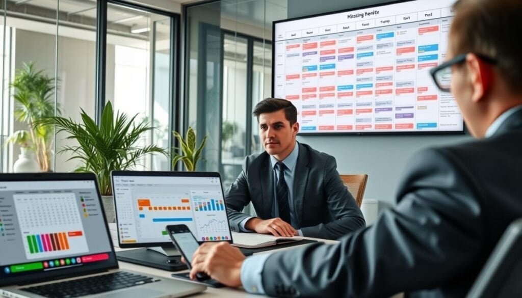 A professional individual, dressed in business attire, sits at a sleek, modern desk cluttered with multiple digital devices displaying calendar applications, charts, and scheduling tools. The foreground captures the detail of the workspace, highlighting a high-tech laptop and a smartphone, both showcasing colorful availability windows and complex scheduling grids. In the middle ground, a large wall-mounted display shows a visually intricate interactive calendar with color-coded appointments and graphical icons representing different meeting types. The background features a softly lit office environment with glass walls and potted plants, creating a calm yet dynamic atmosphere. Natural light filters in, enhancing the productive ambiance while casting gentle shadows across the scene, suggesting a focus on managing complexity with clarity and efficiency.