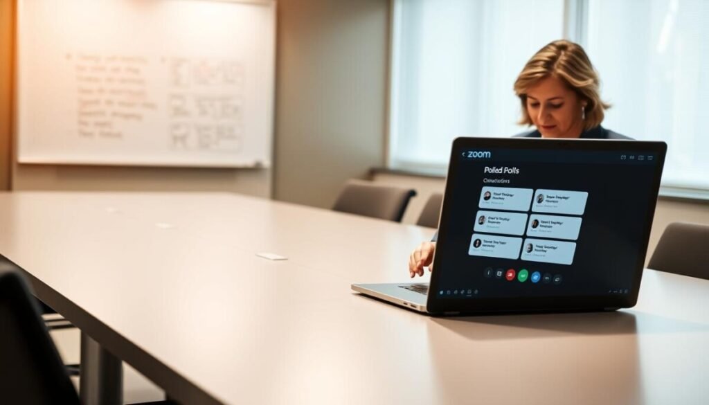 A professional meeting room with a sleek conference table in the foreground, featuring a laptop open to a Zoom interface displaying polled questions. A well-dressed individual, a middle-aged woman in a business suit, is focusing on the screen, typing thoughtfully. In the middle ground, a digital whiteboard is visible, showcasing ideas and notes related to the meeting topics. The background features a large window with soft, natural lighting illuminating the space, creating a warm and inviting atmosphere. The overall mood is focused and productive, encouraging collaboration and preparation. The composition is captured from a slight angle, emphasizing the workspace and the individual engaged in the task of pre-creating polls for an upcoming meeting. A professional meeting room with a sleek conference table in the foreground, featuring a laptop open to a Zoom interface displaying polled questions. A well-dressed individual, a middle-aged woman in a business suit, is focusing on the screen, typing thoughtfully. In the middle ground, a digital whiteboard is visible, showcasing ideas and notes related to the meeting topics. The background features a large window with soft, natural lighting illuminating the space, creating a warm and inviting atmosphere. The overall mood is focused and productive, encouraging collaboration and preparation. The composition is captured from a slight angle, emphasizing the workspace and the individual engaged in the task of pre-creating polls for an upcoming meeting.