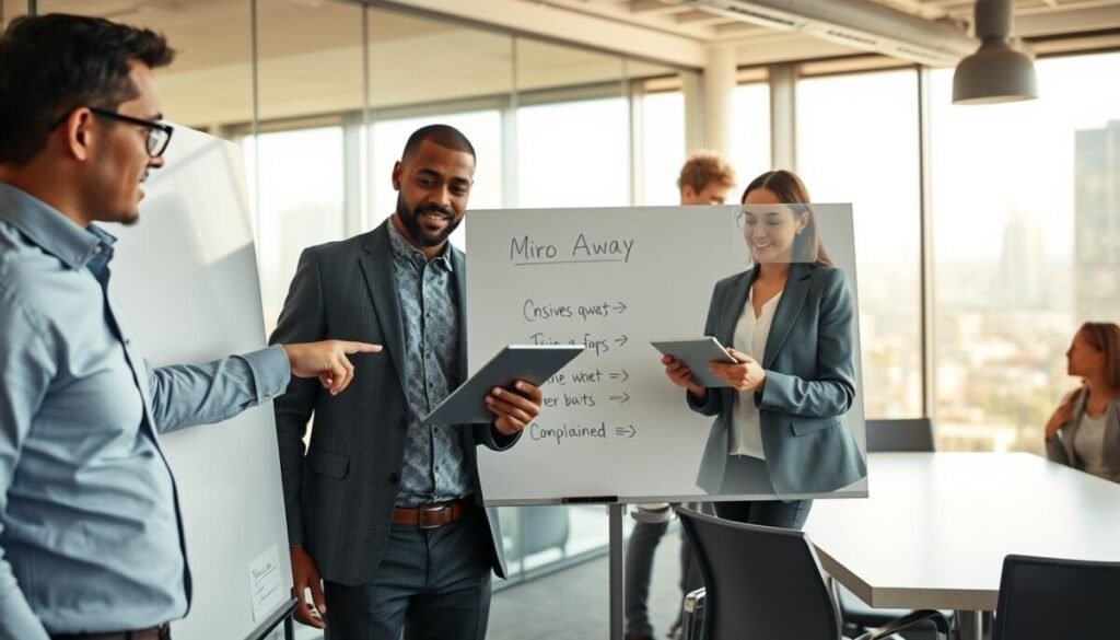 A professional office environment featuring a diverse group of three individuals focused on configuring their Miro away status on a large collaborative whiteboard. In the foreground, a man in a smart shirt and glasses points at the whiteboard, while a woman in business casual attire notes down ideas on her tablet. A second woman, dressed in a blazer, is seated at a conference table, looking engaged and thoughtful. The background presents a spacious, well-lit office with glass walls showcasing a cityscape. Soft, natural sunlight filters through the windows, creating a warm and inviting atmosphere. The image captures a sense of collaboration, focus, and productivity, emphasizing the importance of presence settings in a teamwork-driven environment.