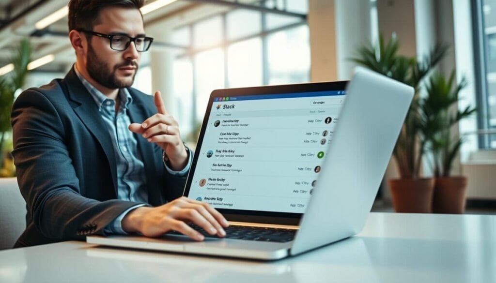 A professional office environment featuring a focused individual managing scheduled messages on a sleek laptop. In the foreground, a man in smart casual attire, with a thoughtful expression, gestures towards the screen as he reviews his Slack messages. In the middle, the laptop displays the Slack application with clearly visible scheduled messages, organized into neat lists. The background shows a bright office space with potted plants and soft natural lighting streaming through large windows, creating an inviting and productive atmosphere. The angle is slightly tilted to showcase both the laptop screen and the man's concentration. The overall mood conveys efficiency, clarity, and modern communication.