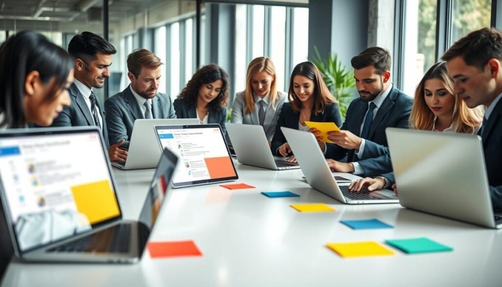 A professional office environment focusing on email organization. In the foreground, a diverse group of business professionals in business attire, deeply engaged in assigning color categories to their digital devices, which display an Outlook inbox filled with emails. The middle ground shows a sleek conference table with vibrant color-coded categories (red, yellow, green, blue) visually represented through colored paper slips next to laptops. In the background, large windows allow soft, natural light to fill the room, creating an inviting atmosphere. The angle captures the dynamics of teamwork and collaboration, while maintaining a sense of professionalism and productivity. The mood is focused and organized, reflecting the efficient color-coding system in action. A professional office environment focusing on email organization. In the foreground, a diverse group of business professionals in business attire, deeply engaged in assigning color categories to their digital devices, which display an Outlook inbox filled with emails. The middle ground shows a sleek conference table with vibrant color-coded categories (red, yellow, green, blue) visually represented through colored paper slips next to laptops. In the background, large windows allow soft, natural light to fill the room, creating an inviting atmosphere. The angle captures the dynamics of teamwork and collaboration, while maintaining a sense of professionalism and productivity. The mood is focused and organized, reflecting the efficient color-coding system in action.