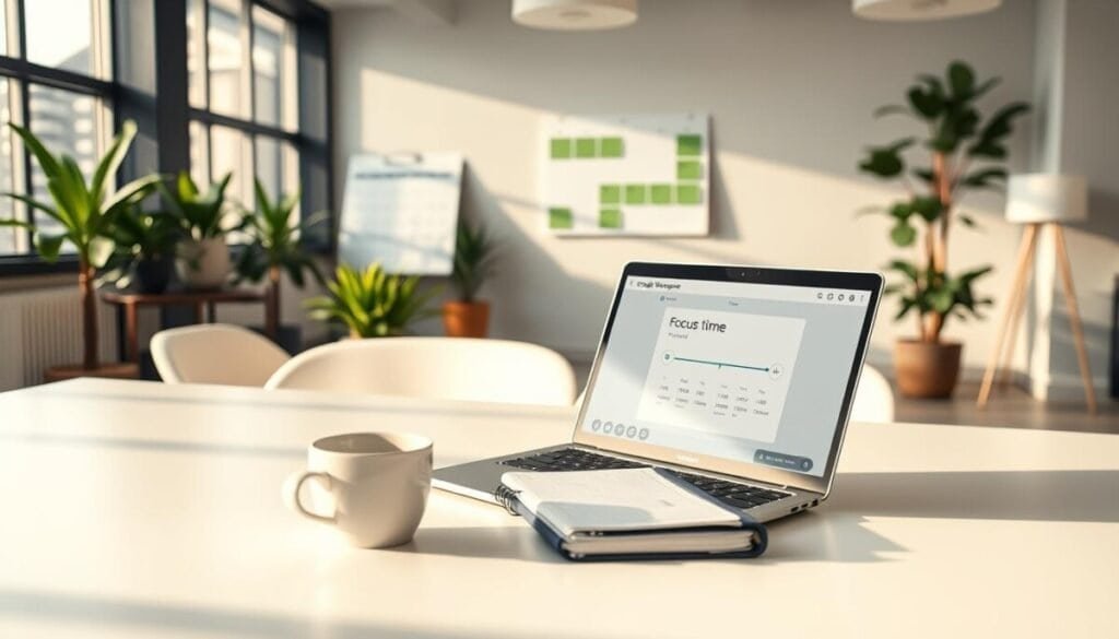 A professional office environment showcasing a modern workspace focused on productivity. In the foreground, a sleek desk with a laptop open to a Google Workspace interface displaying focus time parameters. A cup of coffee and a planner lie nearby, emphasizing organization and clarity. In the middle, a carefully arranged workspace with green plants and a calendar on the wall that highlights scheduled focus times. Natural lighting streams through large windows, creating a warm and inviting atmosphere. In the background, minimalist decor accentuates a sense of calm and focus. The overall mood is serene and productive, reflecting a commitment to efficient work practices and encouraging concentration. A professional office environment showcasing a modern workspace focused on productivity. In the foreground, a sleek desk with a laptop open to a Google Workspace interface displaying focus time parameters. A cup of coffee and a planner lie nearby, emphasizing organization and clarity. In the middle, a carefully arranged workspace with green plants and a calendar on the wall that highlights scheduled focus times. Natural lighting streams through large windows, creating a warm and inviting atmosphere. In the background, minimalist decor accentuates a sense of calm and focus. The overall mood is serene and productive, reflecting a commitment to efficient work practices and encouraging concentration.