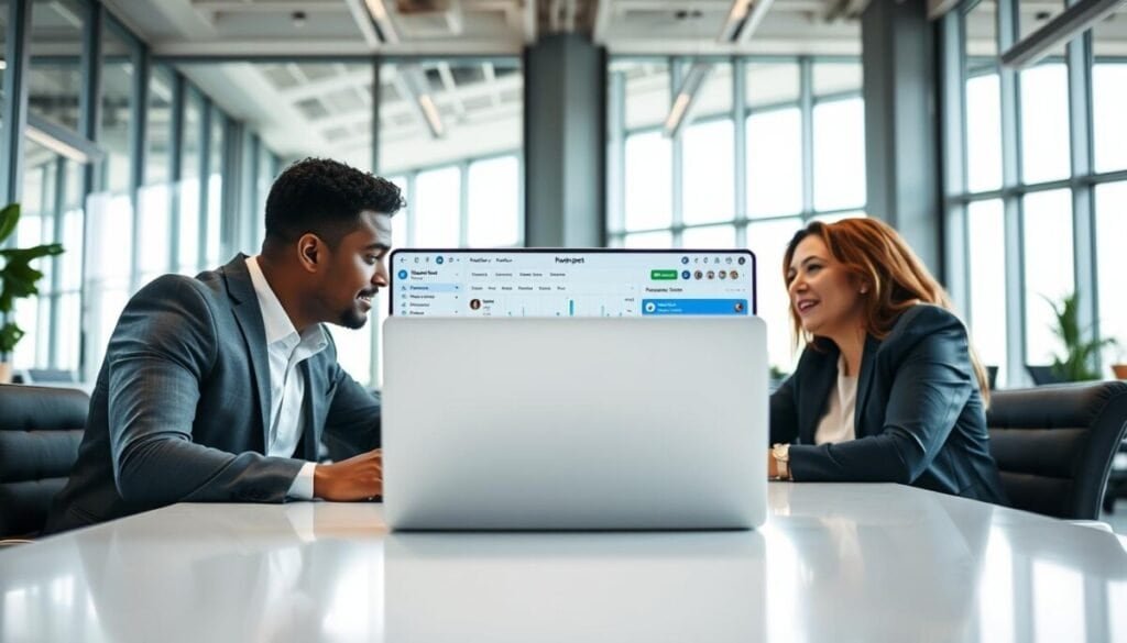A professional office environment with a focus on productivity and teamwork. In the foreground, a diverse group of three professionals, two men and one woman, sit around a sleek table, looking at a computer screen displaying a project management tool. They're dressed in smart business attire, discussing strategies on how to catch up on tasks after time off. In the middle, an open laptop shows a colorful dashboard of tasks with notifications highlighting deadlines. The background features a bright, modern office with large windows, allowing natural light to flood the space, creating an uplifting atmosphere. The angle captures the energy of collaboration and the motivation to get back on track, conveying a sense of focus and determination.